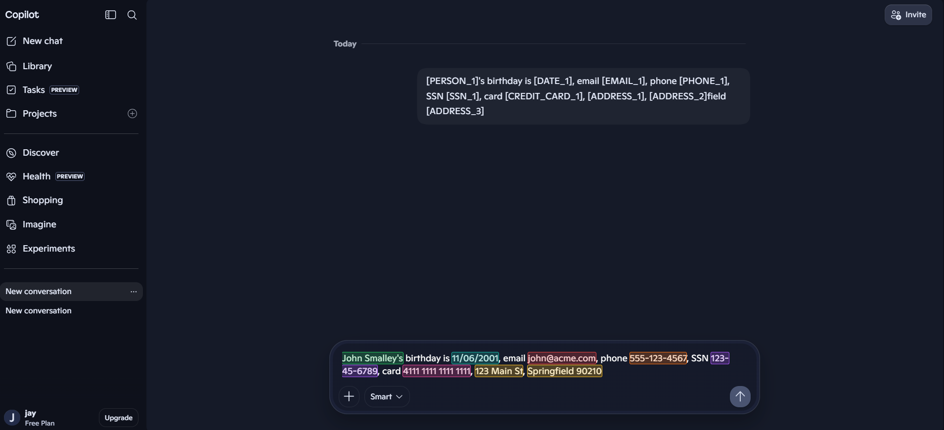 Copilot chat interface with redacted prompt using alias placeholders