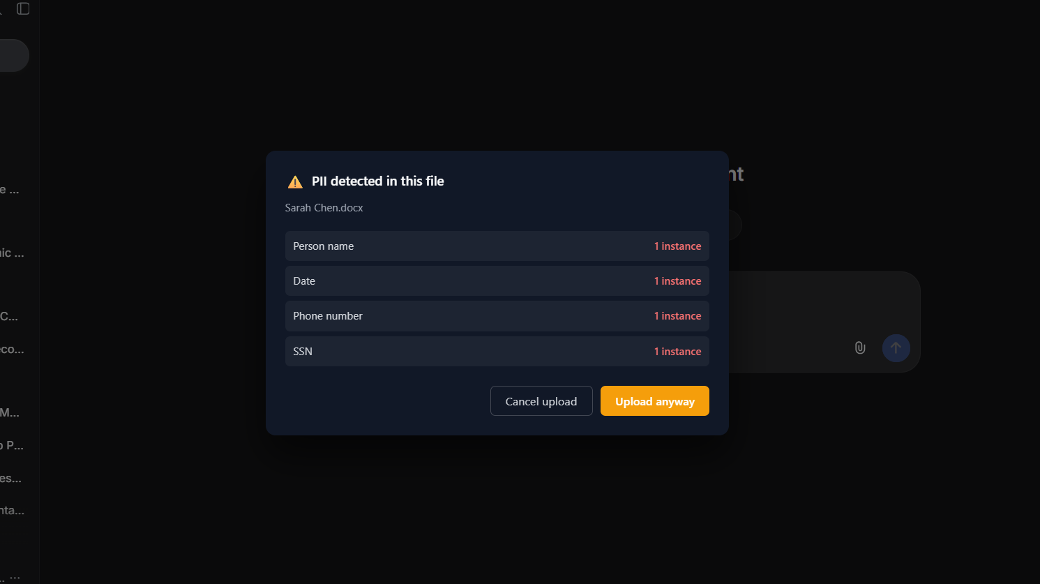 DeepSeek file upload warning showing PII types found in document