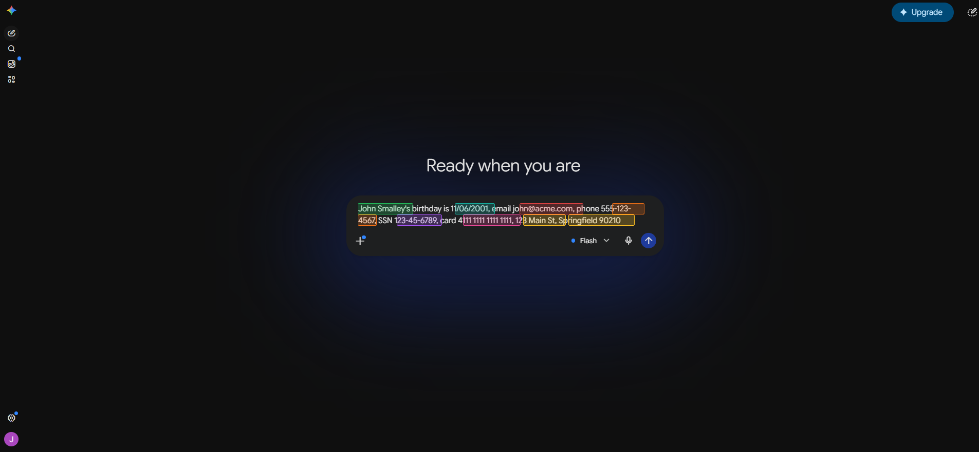Gemini interface with colored highlights overlaying detected PII in input