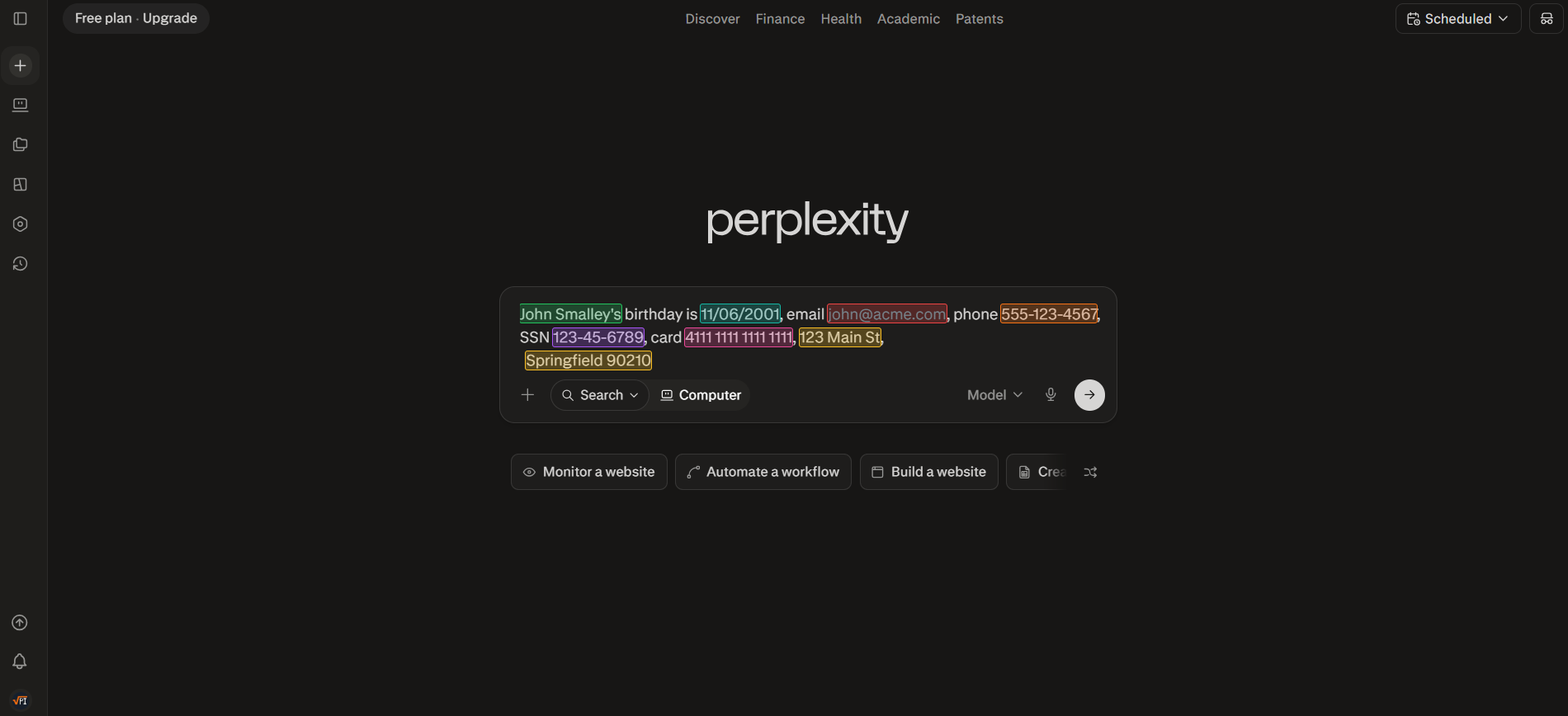 Perplexity search interface with PII highlighted in the query box